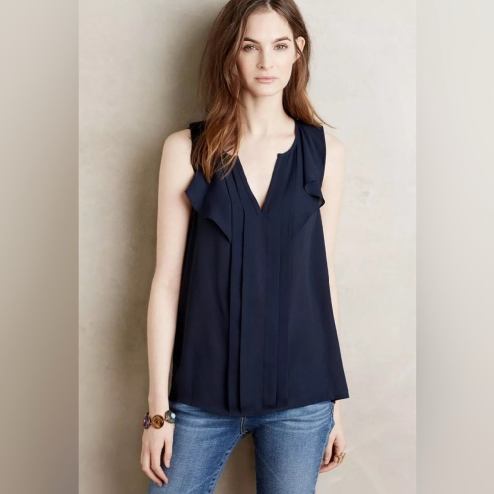 Anthropologie Maeve Navy Blue Ruffle Front Sleeveless Blouse Size 6
